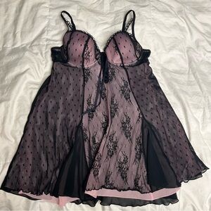 Black Lace Mesh Babydoll Lingerie Pink Underlay Underwire Cups Sheer Nightie L